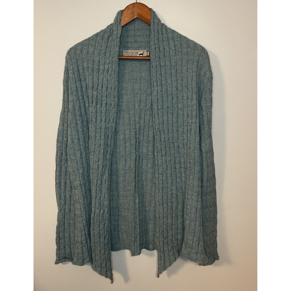 Peruvian Link Small/Medium Cardigan Teal Blue Green Cable‎ Knit 100% Baby Alpaca